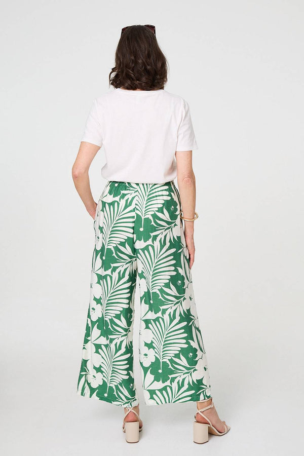 Green | Tropical Floral Wide Leg Trousers
