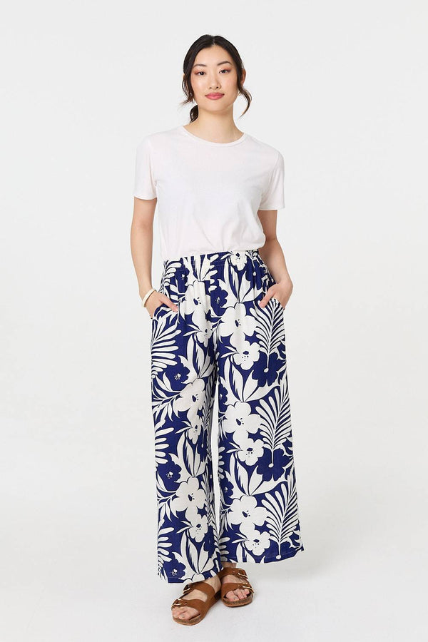 Navy | Tropical Floral Wide Leg Trousers
