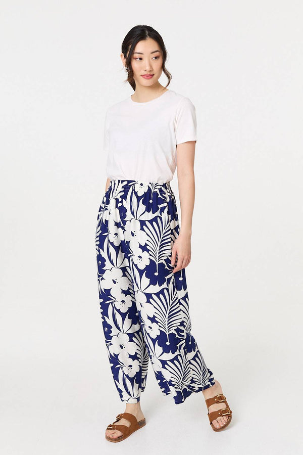 Navy | Tropical Floral Wide Leg Trousers
