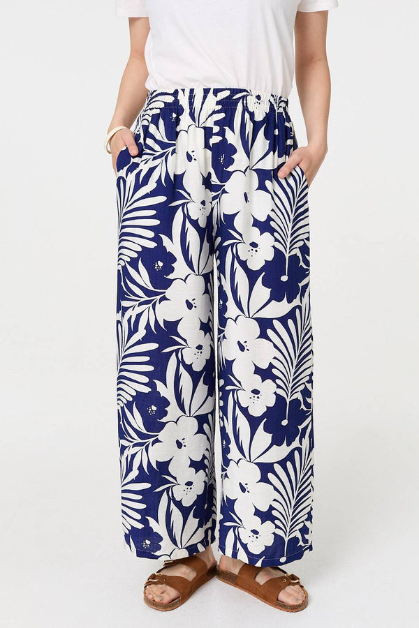 Navy | Tropical Floral Wide Leg Trousers
