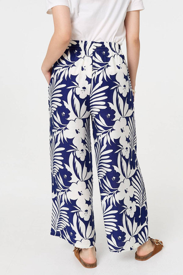 Navy | Tropical Floral Wide Leg Trousers

