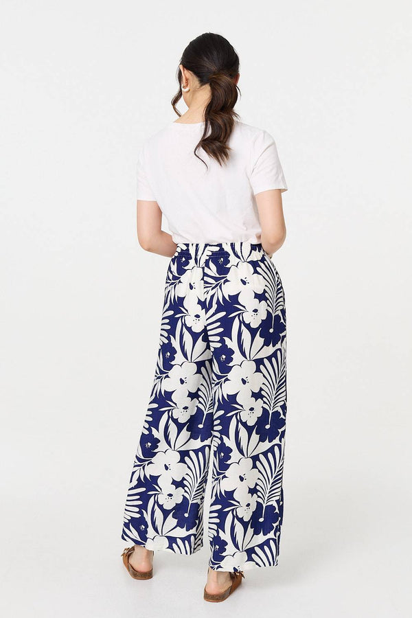 Navy | Tropical Floral Wide Leg Trousers
