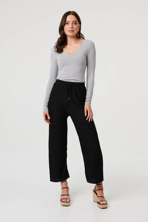 Black | High Waist Drawstring Wide Trousers