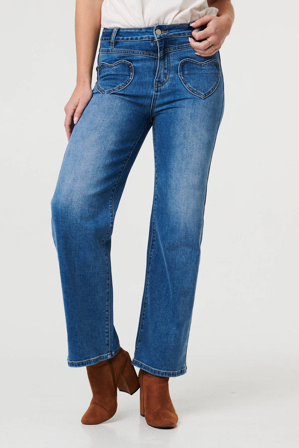 Blue | Heart Pocket Detail Straight Leg Jeans