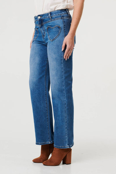 Blue | Heart Pocket Detail Straight Leg Jeans