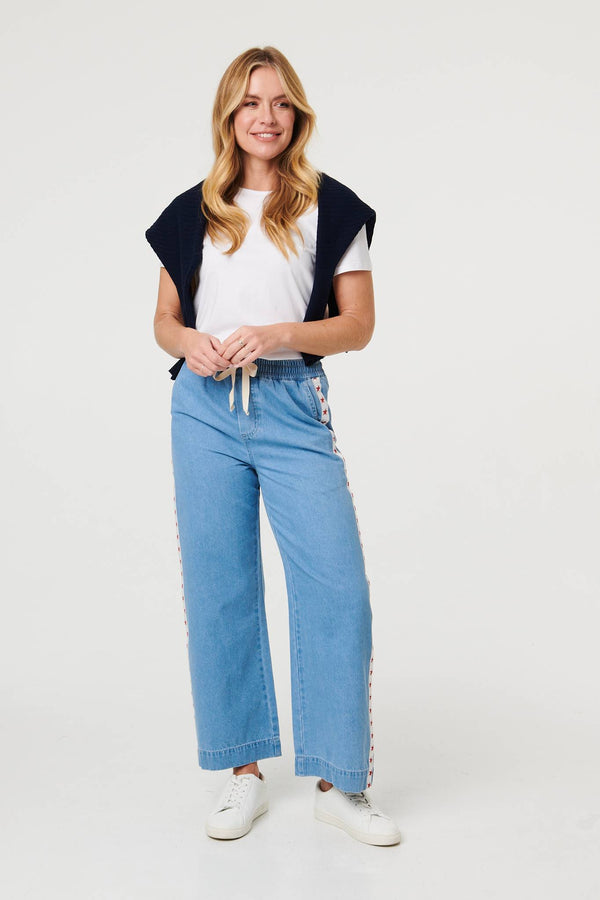 Blue | Star Print Trim Drawstring Wide Jeans
