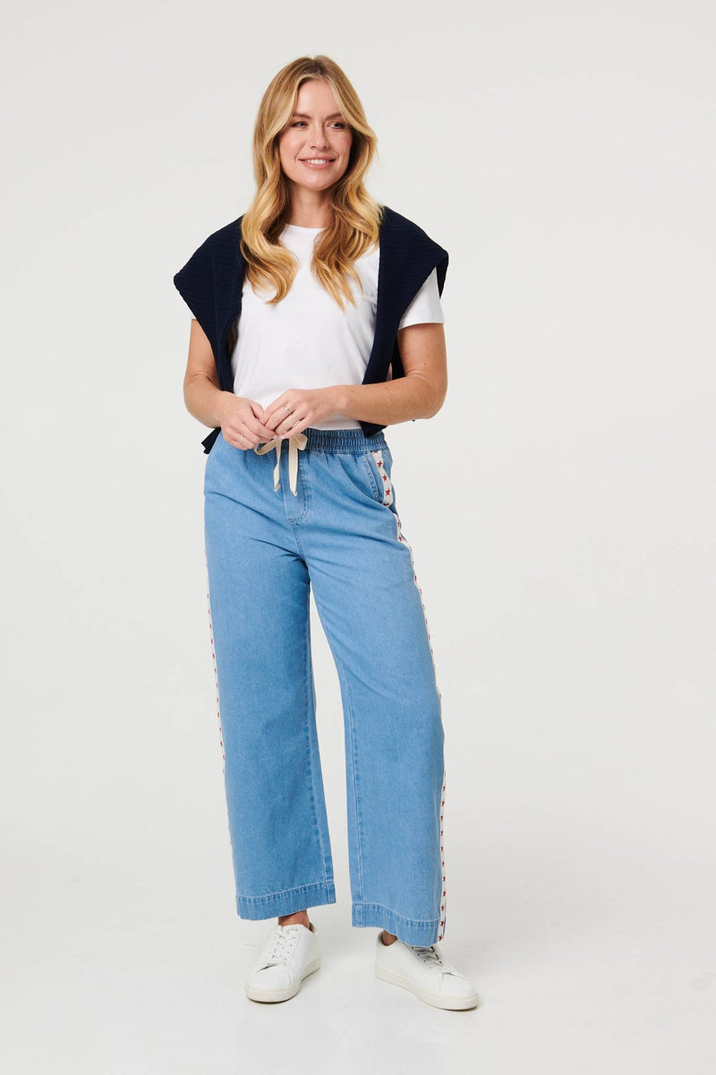 Blue | Star Print Trim Drawstring Wide Jeans

