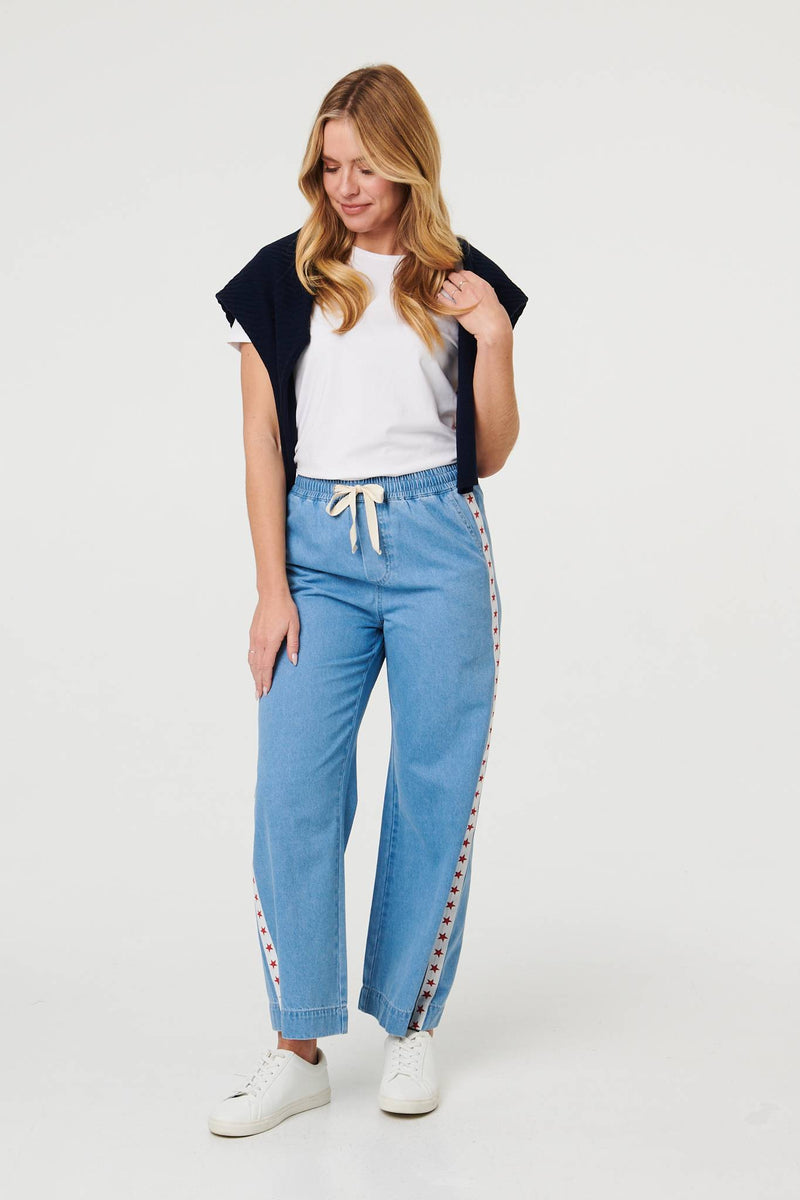Blue | Star Print Trim Drawstring Wide Jeans
