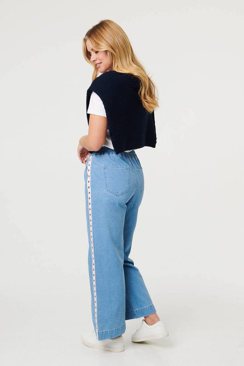 Blue | Star Print Trim Drawstring Wide Jeans
