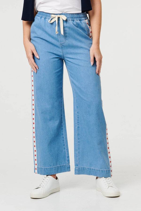 Blue | Star Print Trim Drawstring Wide Jeans
