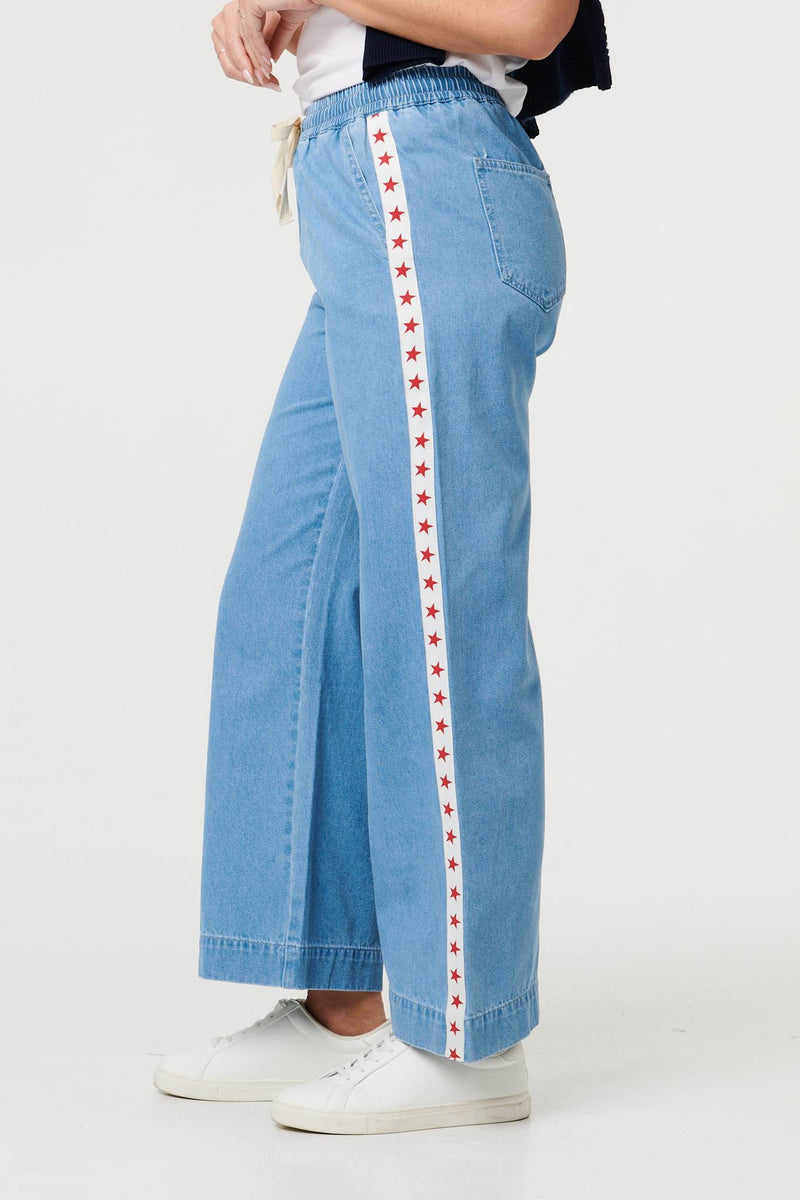 Blue | Star Print Trim Drawstring Wide Jeans
