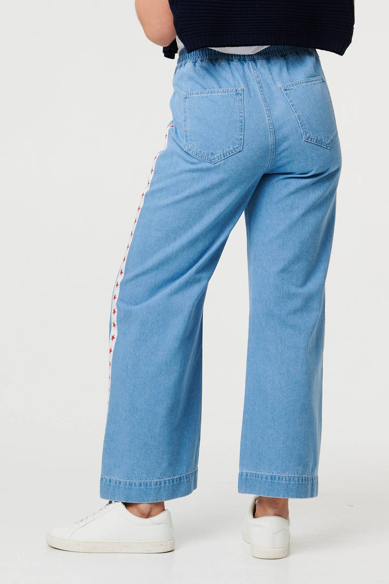Blue | Star Print Trim Drawstring Wide Jeans
