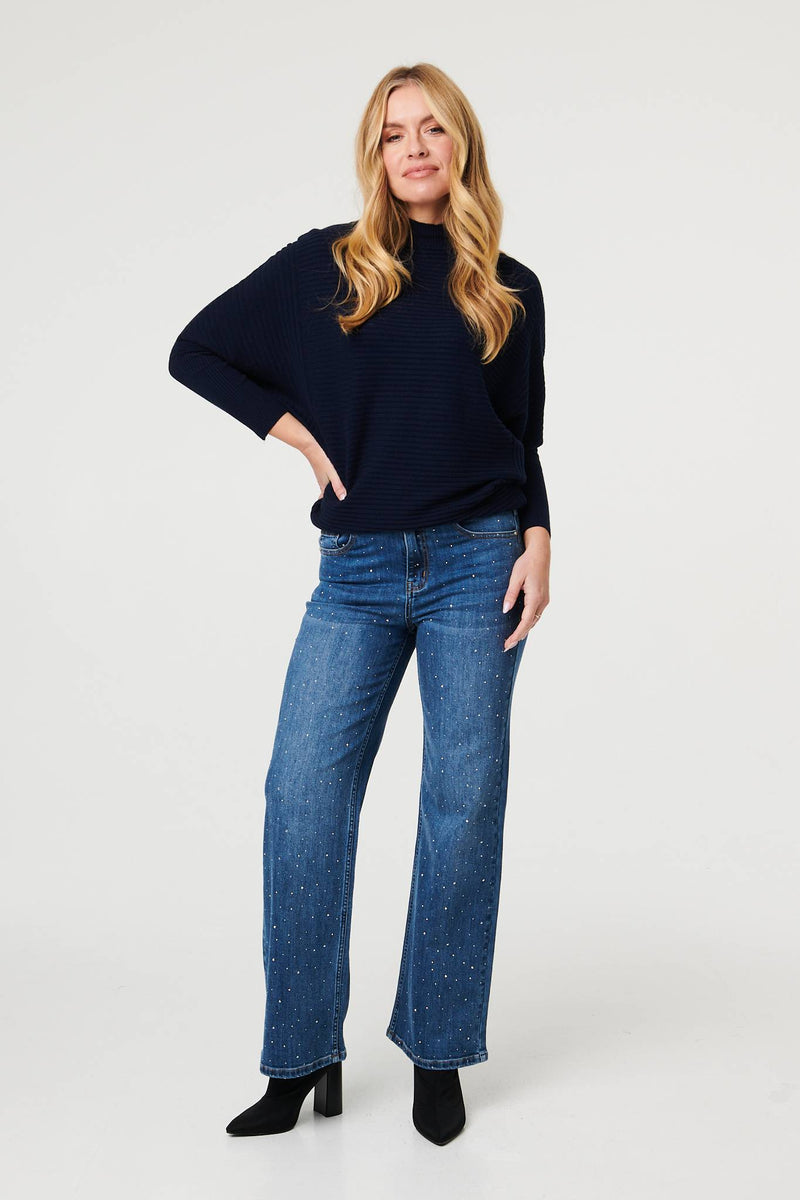 Blue | Diamante Embellished Straight Fit Jeans
