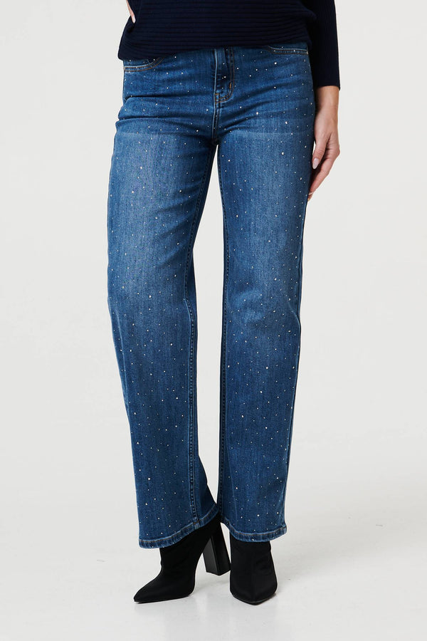 Blue | Diamante Embellished Straight Fit Jeans
