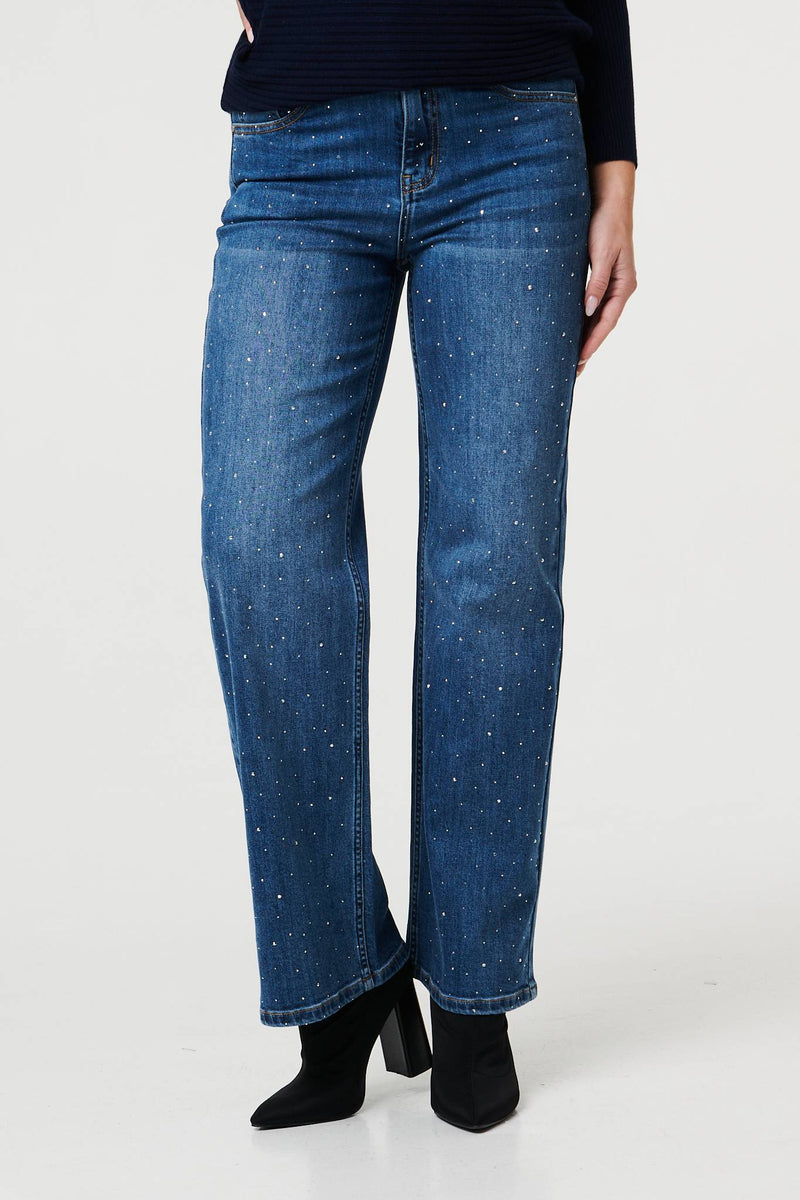 Blue | Diamante Embellished Straight Fit Jeans
