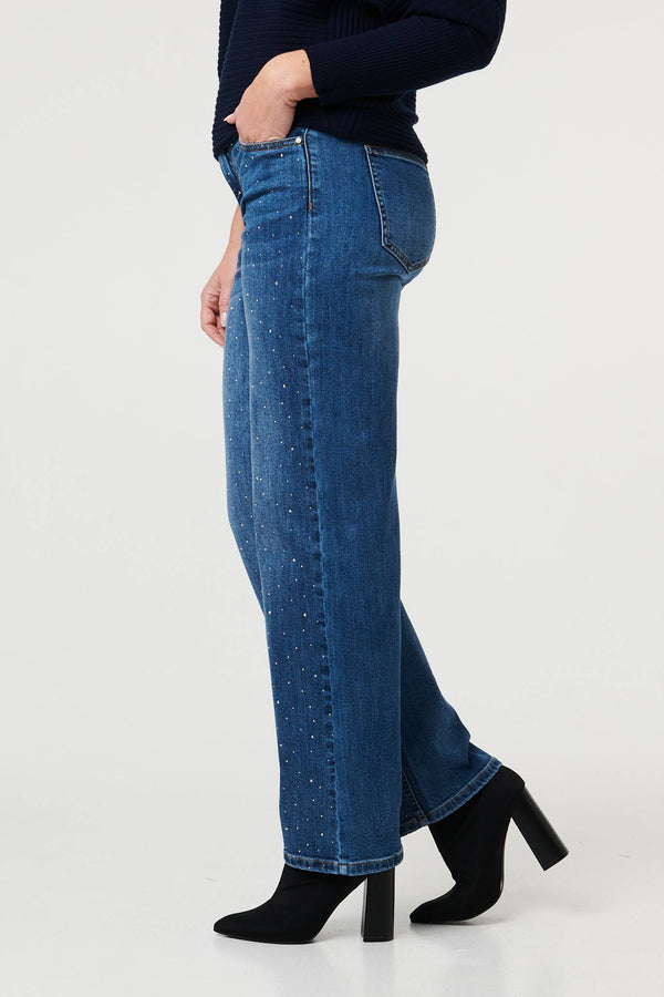 Blue | Diamante Embellished Straight Fit Jeans
