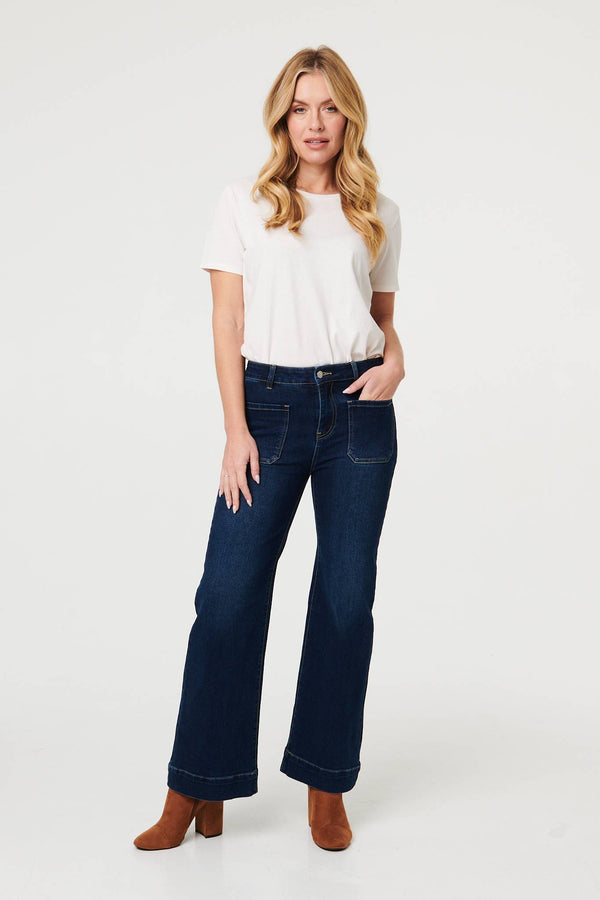 Blue | Pocket Detail High Waist Wide Jeans
