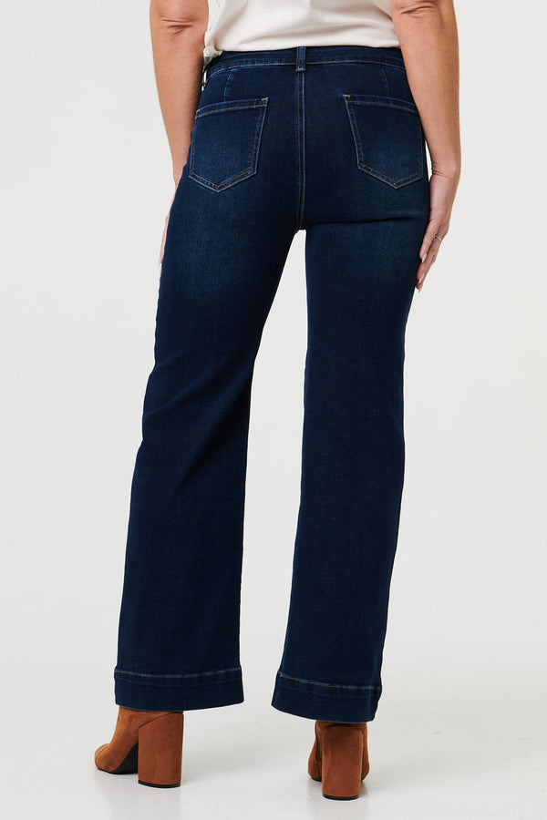 Blue | Pocket Detail High Waist Wide Jeans
