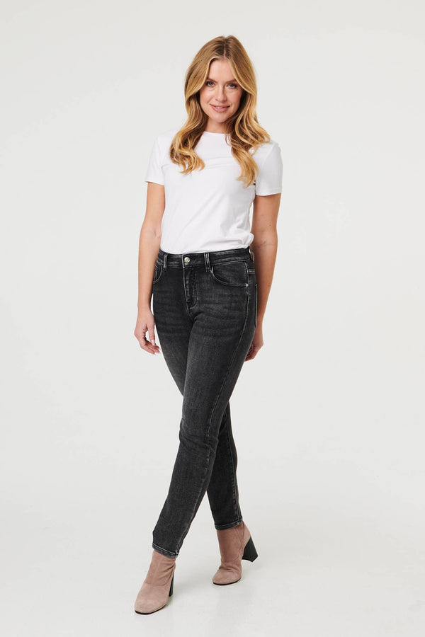 Black | High Waist Washed Texture Slim Jeans

