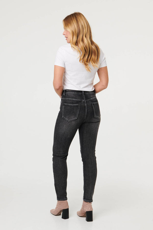 Black | High Waist Washed Texture Slim Jeans
