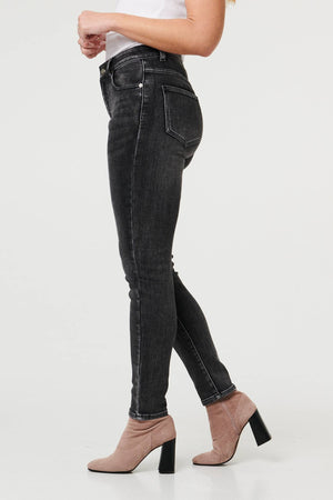 Black | High Waist Washed Texture Slim Jeans
