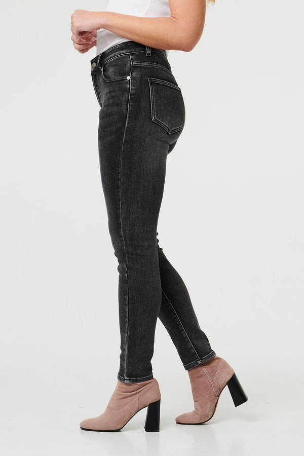 Black | High Waist Washed Texture Slim Jeans
