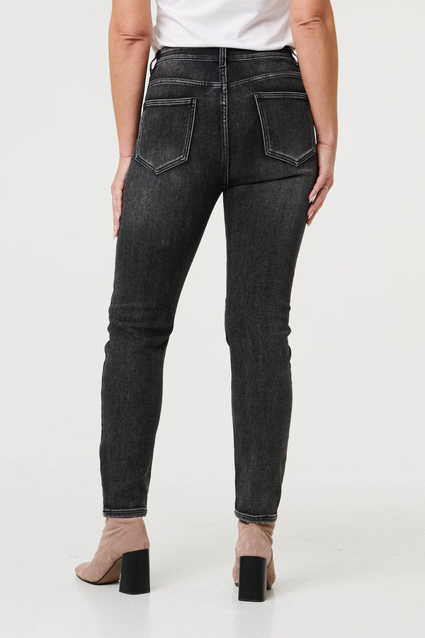 Black | High Waist Washed Texture Slim Jeans
