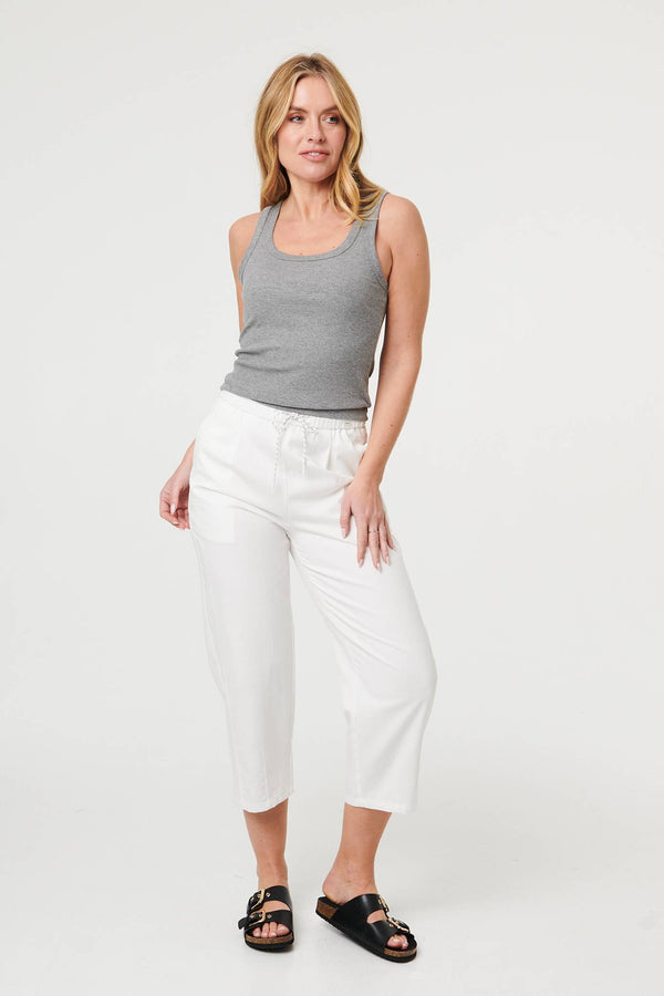 White | Tie High Waist Cropped Wide Trousers
