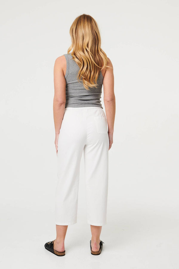 White | Tie High Waist Cropped Wide Trousers
