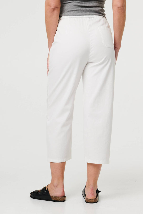 White | Tie High Waist Cropped Wide Trousers
