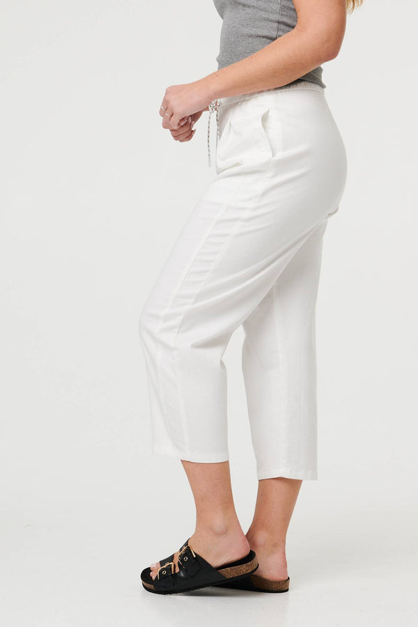 White | Tie High Waist Cropped Wide Trousers
