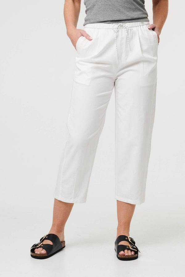 White | Tie High Waist Cropped Wide Trousers
