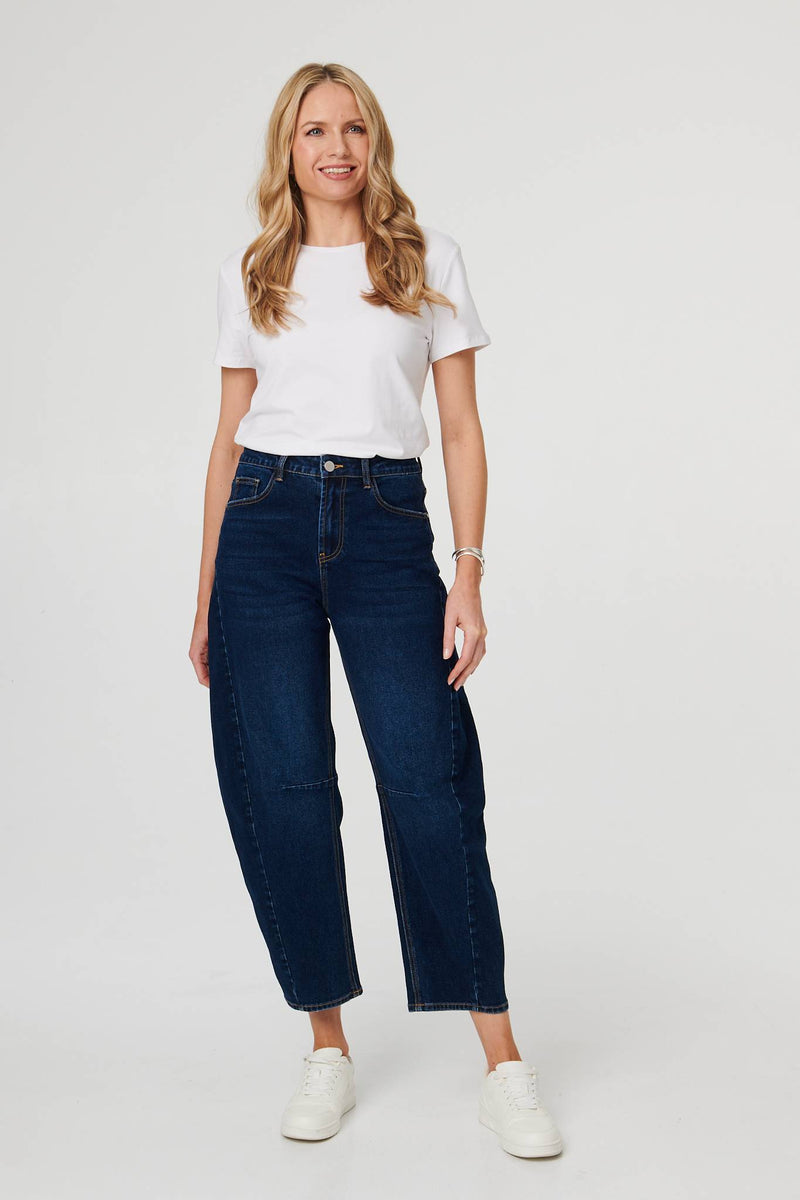 Blue | High Waist Cropped Barrel Leg Jeans
