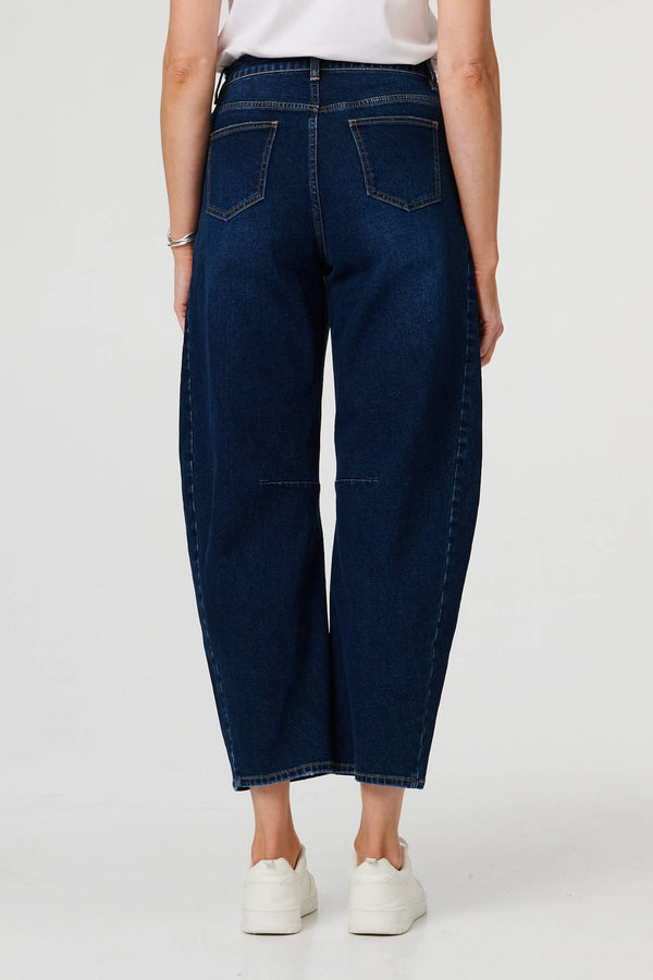 Blue | High Waist Cropped Barrel Leg Jeans
