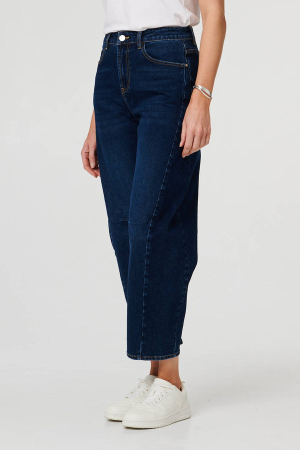 Blue | High Waist Cropped Barrel Leg Jeans

