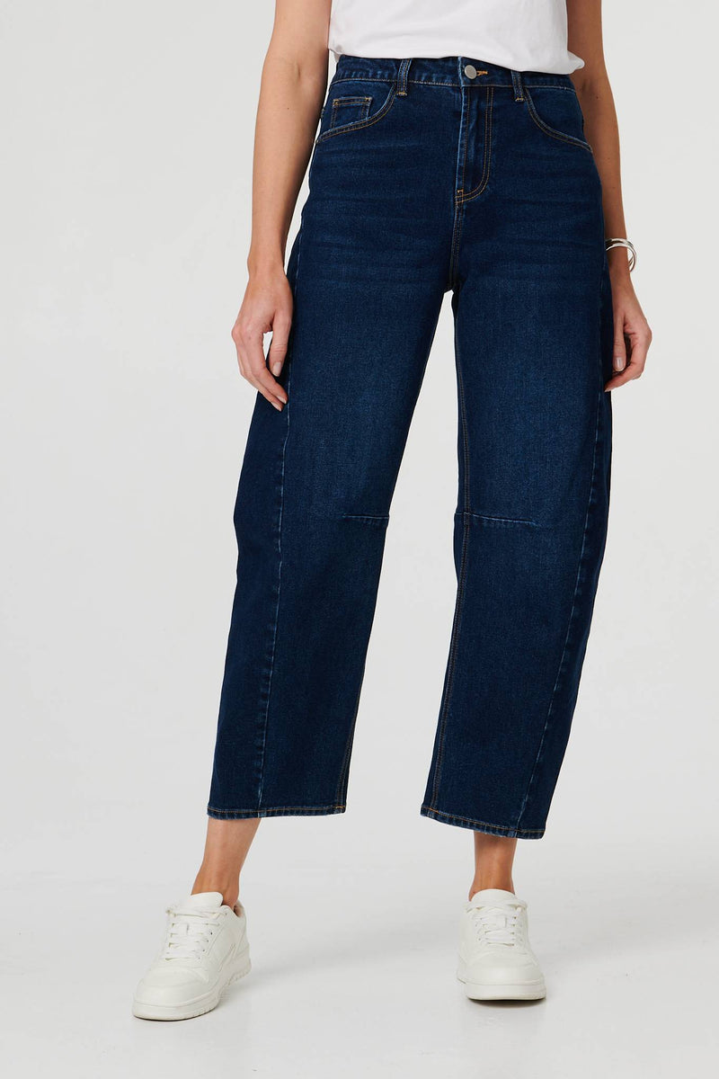 Blue | High Waist Cropped Barrel Leg Jeans
