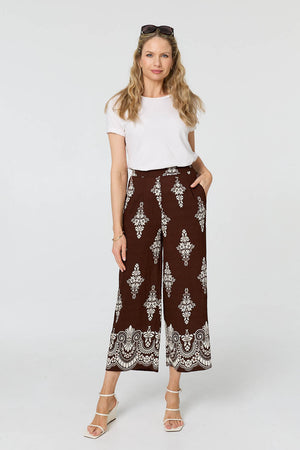 Brown | Border Print High Waist Wide Trousers