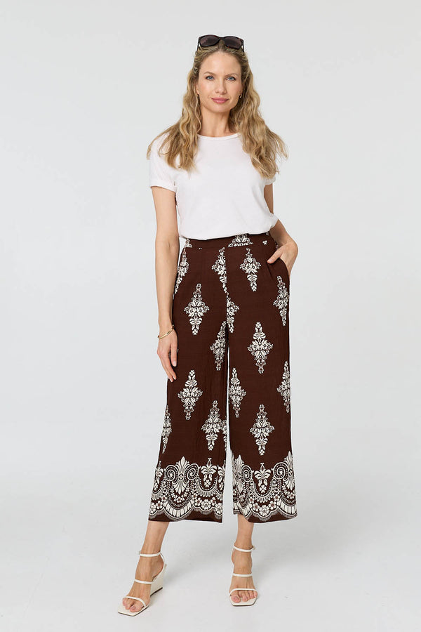 Brown | Border Print High Waist Wide Trousers