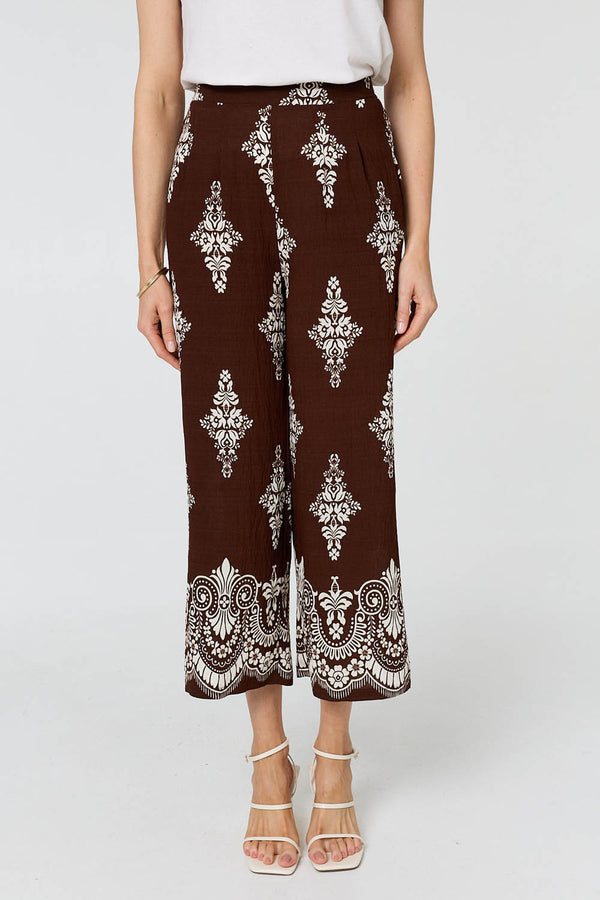 Brown | Border Print High Waist Wide Trousers