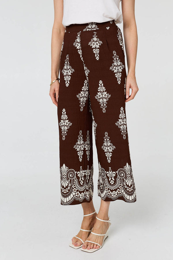 Brown | Border Print High Waist Wide Trousers