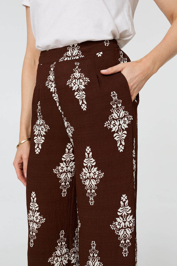 Brown | Border Print High Waist Wide Trousers