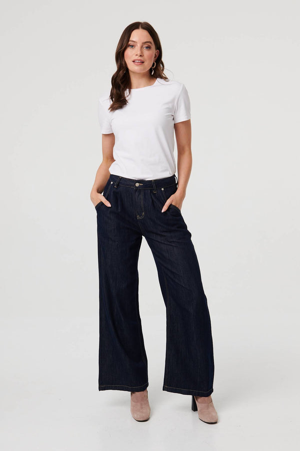 Black | High Waist Pleat Front Wide Leg Jeans