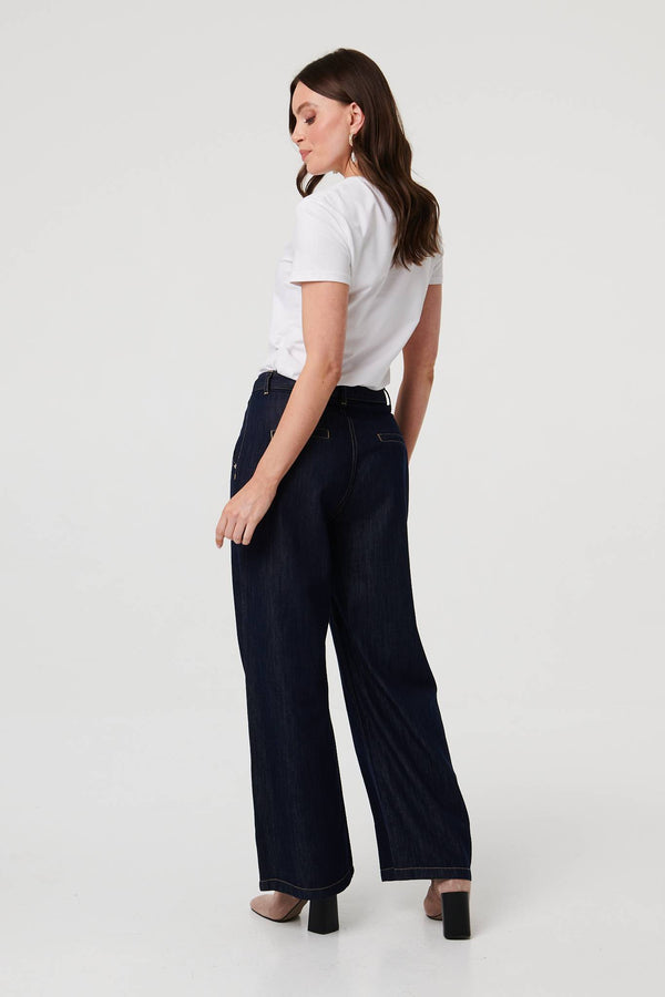 Black | High Waist Pleat Front Wide Leg Jeans