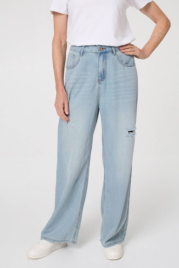 Blue | High Waist Ripped Detail Relaxed Jeans 