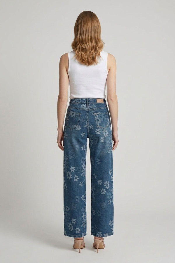 Blue | Floral High Waist Wide Leg Jeans
