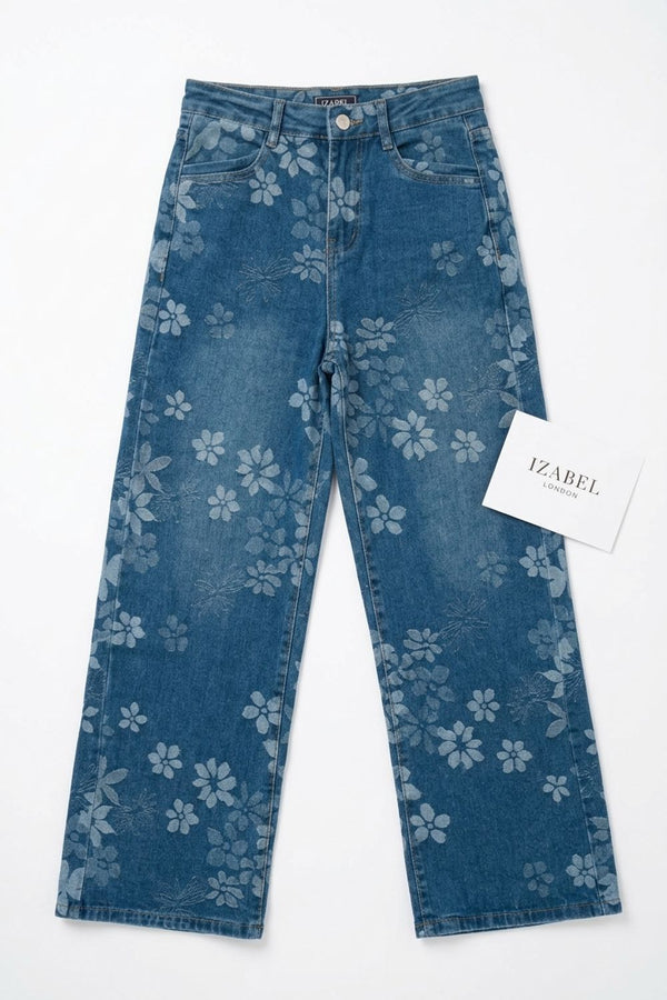 Blue | Floral High Waist Wide Leg Jeans
