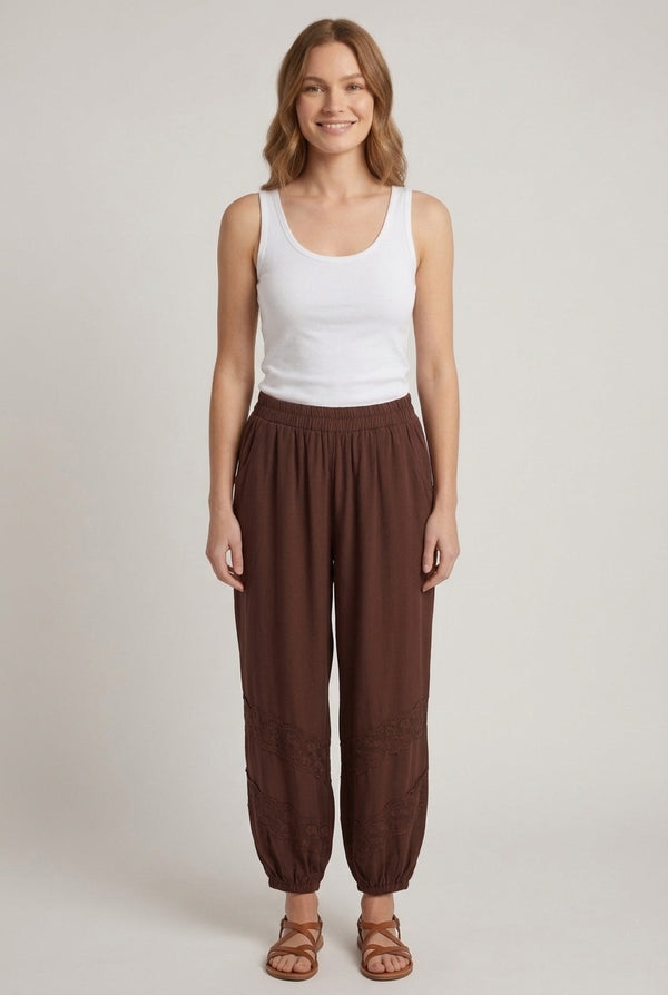 Brown | Relaxed Lace Trim Ruched Harem Trousers