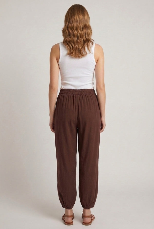 Brown | Relaxed Lace Trim Ruched Harem Trousers