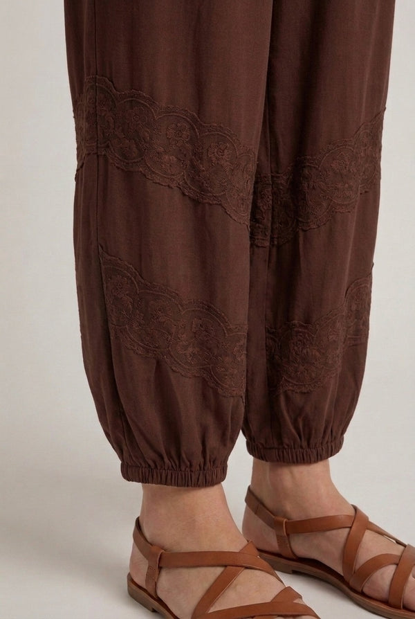 Brown | Relaxed Lace Trim Ruched Harem Trousers