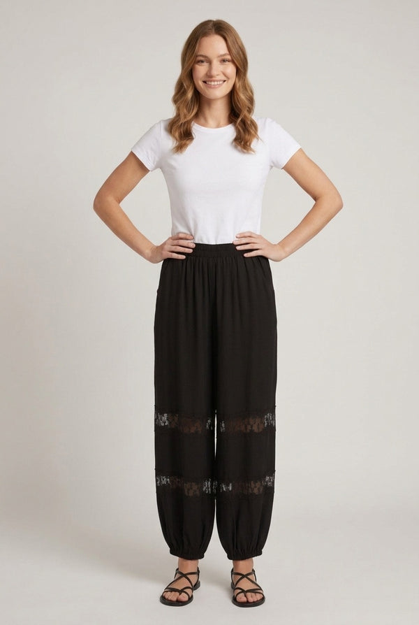 Black | Lace Detail High Waist Harem Pants